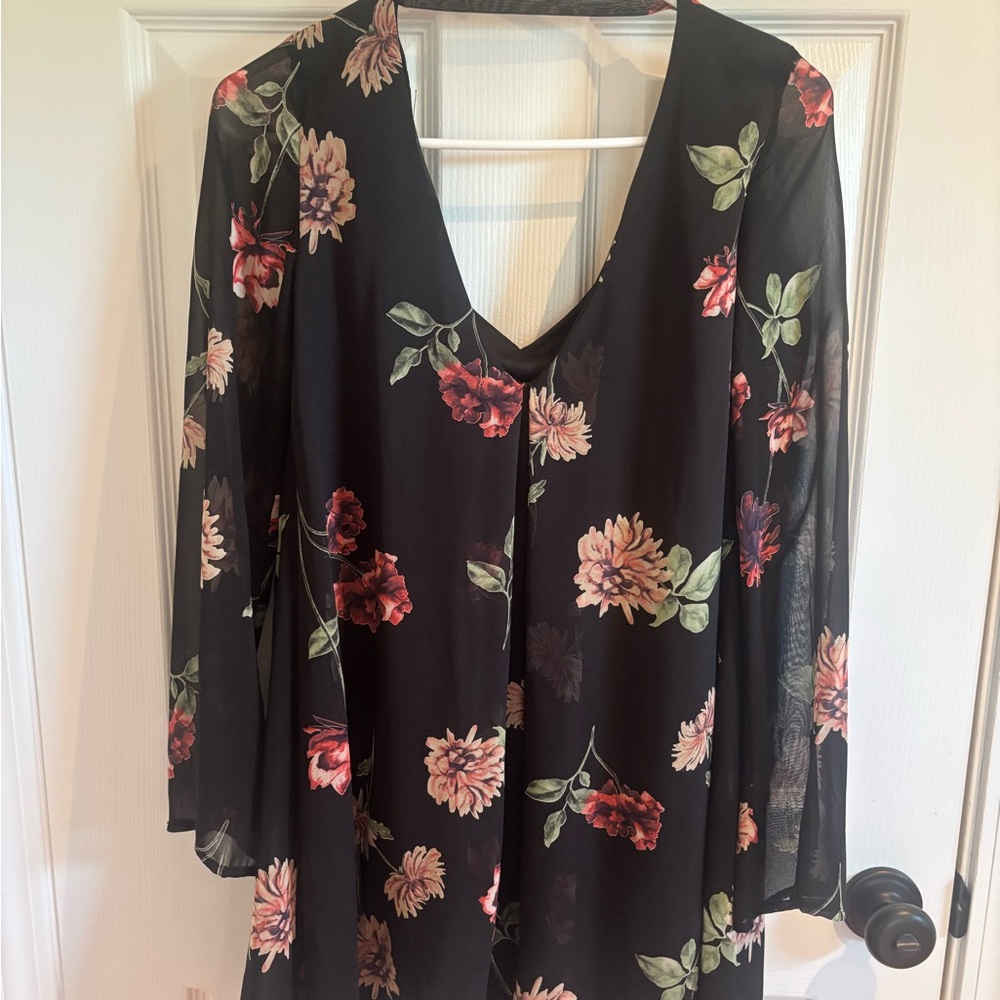 Honey Punch Black Floral Dress with Sheer Sleeves